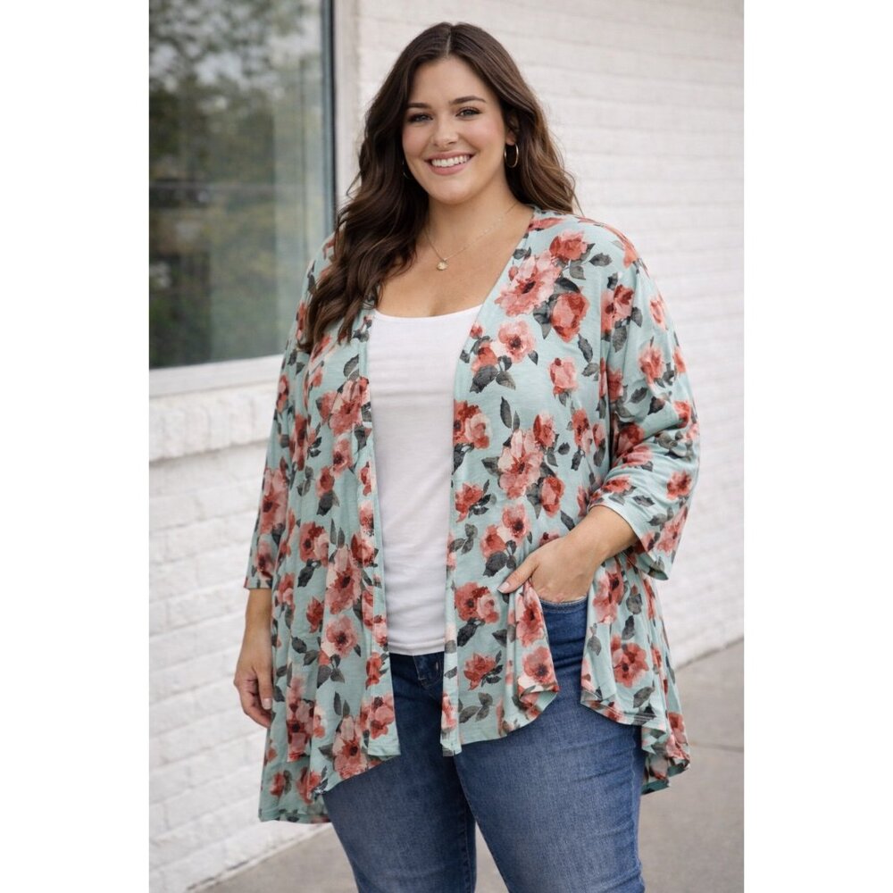 🌸 Paisley Grace Mint Coral Floral Kimono Duster Cardigan XXXL 🌸